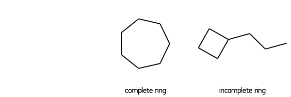 No SMARTS match and two molecules, because only complete rings are used for matches, and the rings are of different sizes