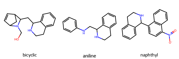 Three synthetic target molecules: bicyclic, aniline, and naphthyl