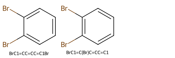 Two unsanitized structures of 1,2-bromobenzene, differing by position of single and double bonds around the ring
