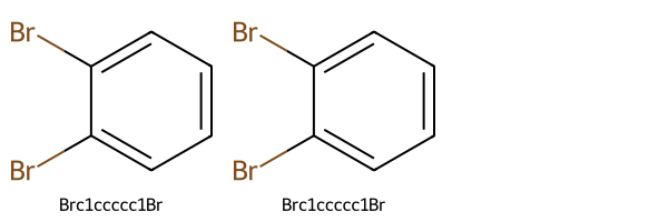 Two sanitized structures of 1,2-bromobenzene, with the same positioning of single and double bonds around the ring
