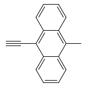 Anthracene-containing repeat unit. Off the left of the central ring are a carbon-carbon single bond and then a carbon-carbon triple bond; and off the right of the central ring is carbon-carbon single bond.