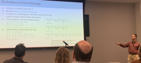 Jeremy presenting MolsMatrixToGridImage in Finding Tautomers talk at North American RDKit User Group Meeting