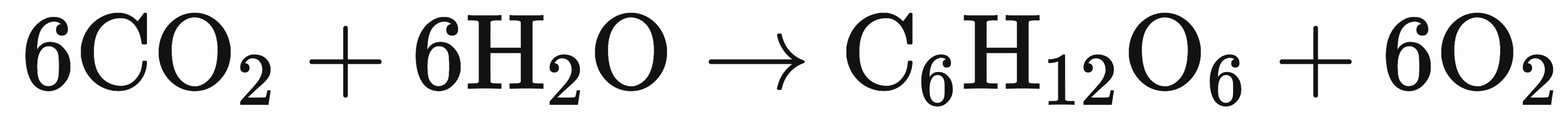 Photosynthesis chemical equation: 6CO2 + 6H2O → C6H12O6 + 6O2