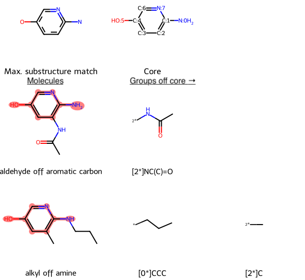 Annotated grid of maximum common substructure and core; molecules and groups off maximum common substructure